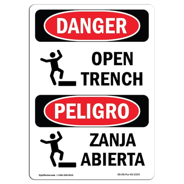 Safety Sign, OSHA Danger, 24" Height, Aluminum, Open Trench, Bilingual Spanish